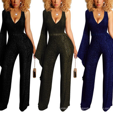 Trending Stylish 2021 Spring Deep V Neck Jumpsuit Wide Leg Pants Womens One Sleeve Bling Rompers